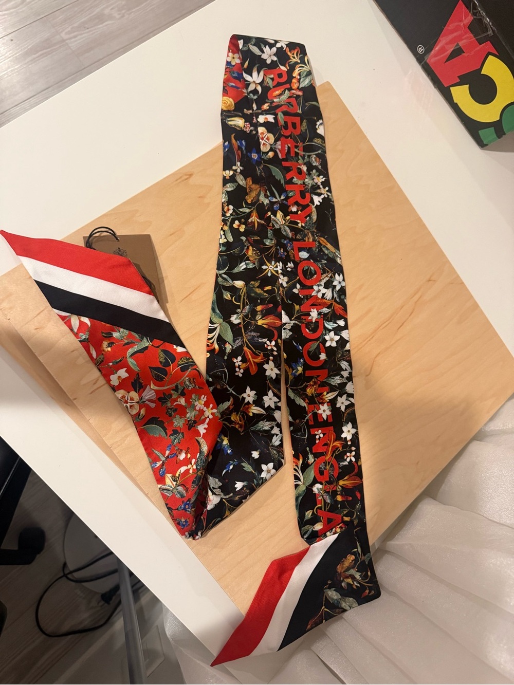 Burberry Red & Black Floral Silk Twilly